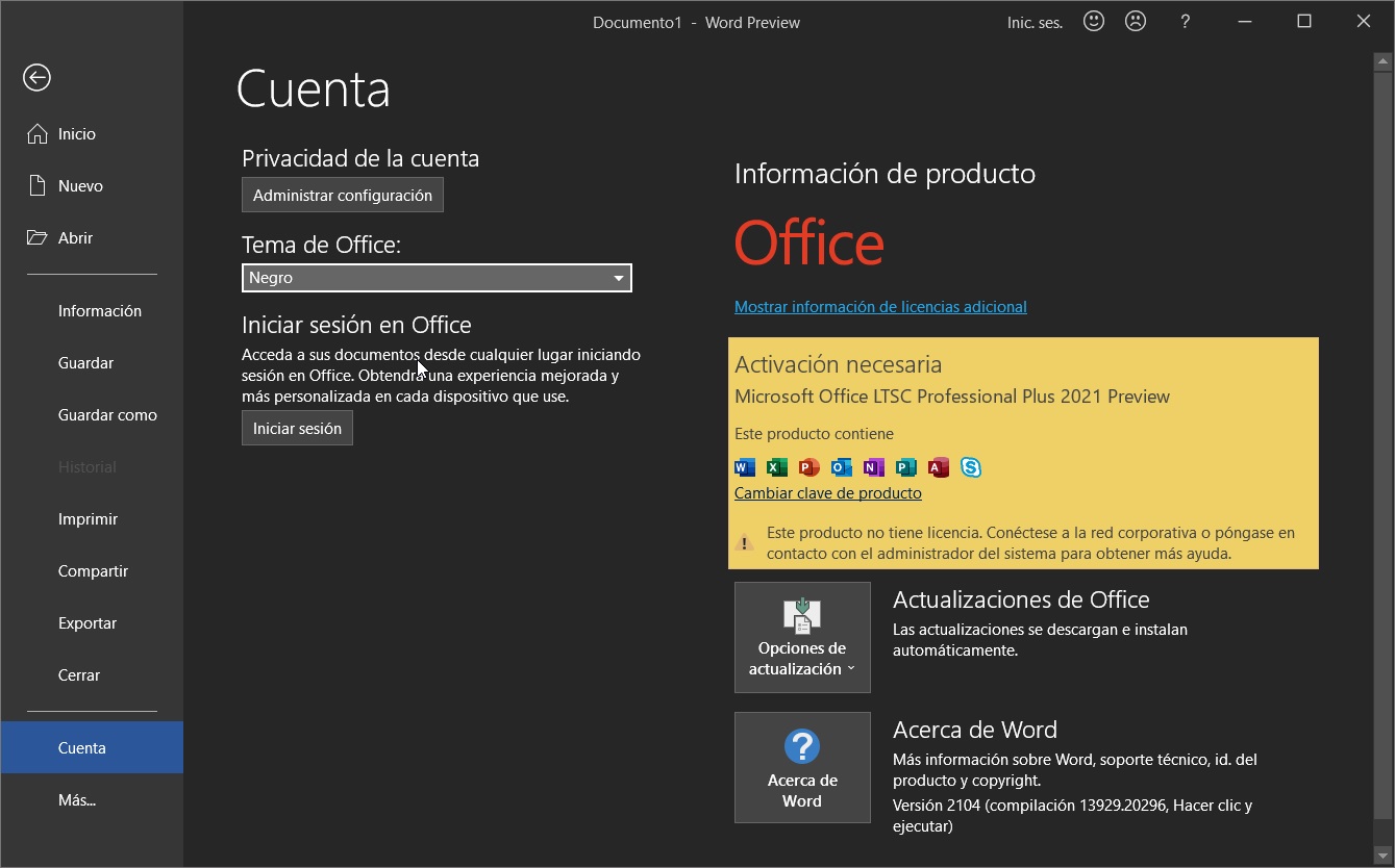 Microsoft Office 2021 no está activado